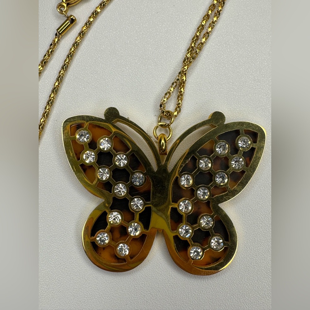 Butterfly pendant necklace tortoise rhinestones - Picture 7 of 11